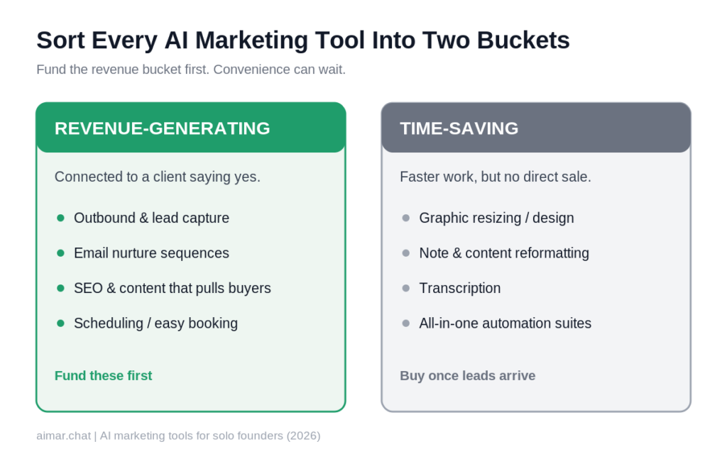 Two-bucket sort of AI marketing tools for solo founders showing revenue-generating versus time-saving categories
