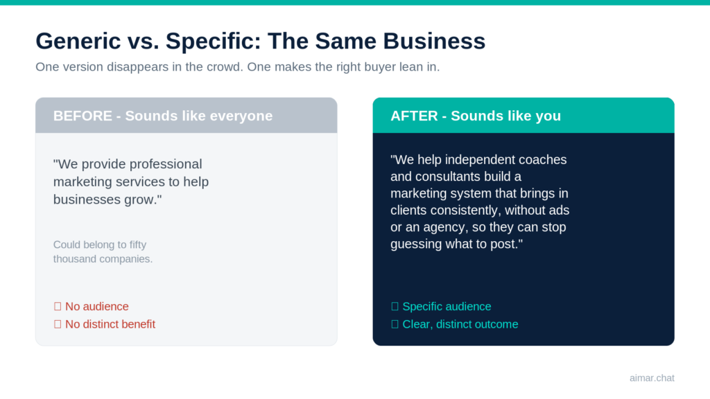 Grid of four ways to differentiate a small business without lowering price: audience, point of view, method, outcome
